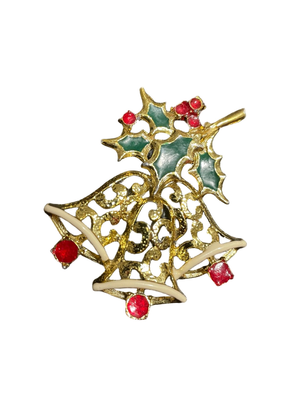 Vintage Beatrix Signed Gold-tone Holly Bell Brooch with Green and Red Enamel
